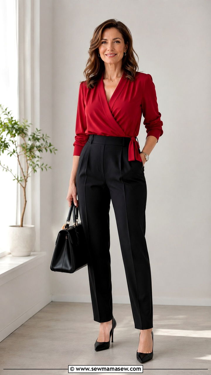 Red Wrap Blouse with Black High Waist Pants and Pointed Heels - 30 job interview outfits for women over 40
