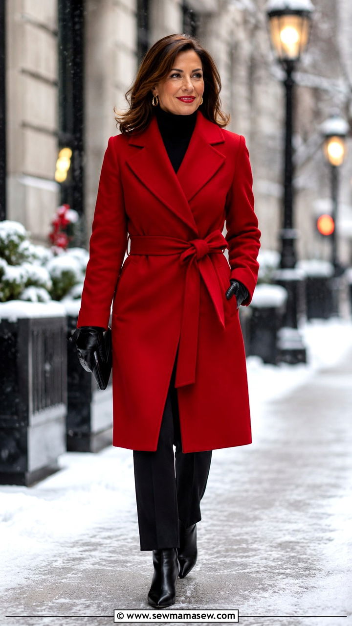 Red Wrap Coat With Black Turtleneck - 30 romantic outfit ideas for women over 40