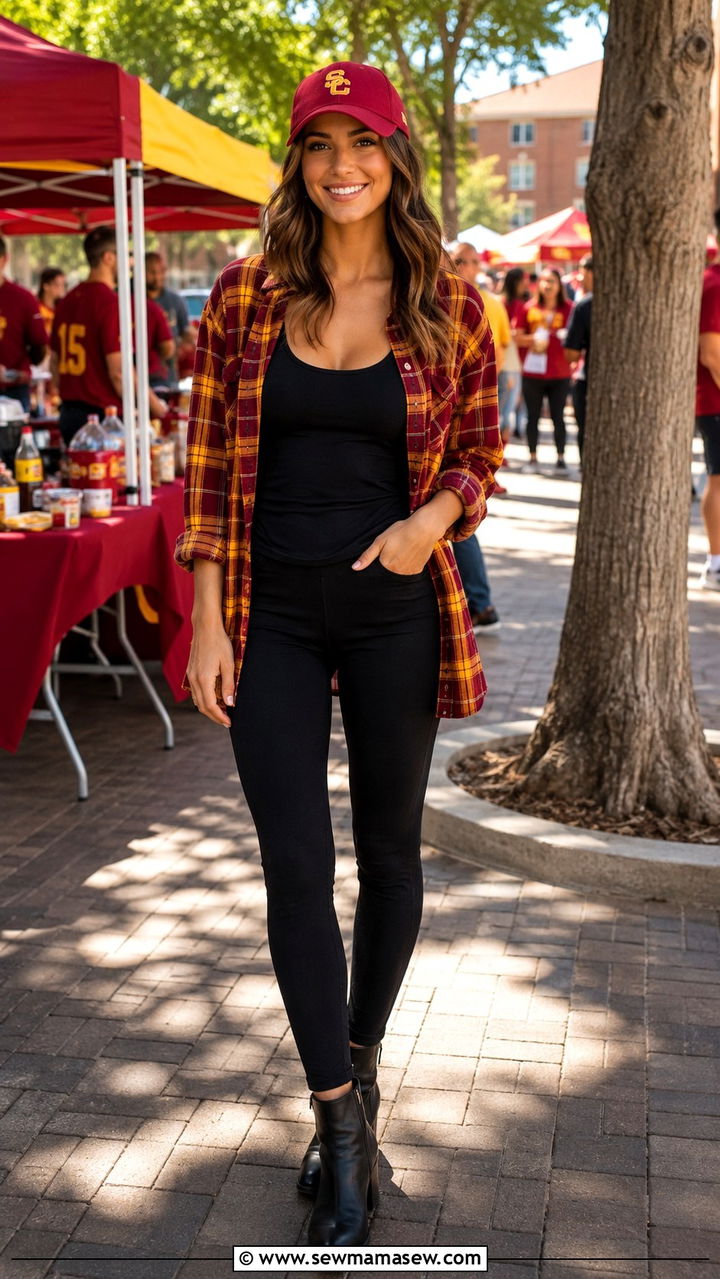 Red and Gold Flannel with Black Leggings and Ankle Boots - 20 Gameday outfit ideas USC