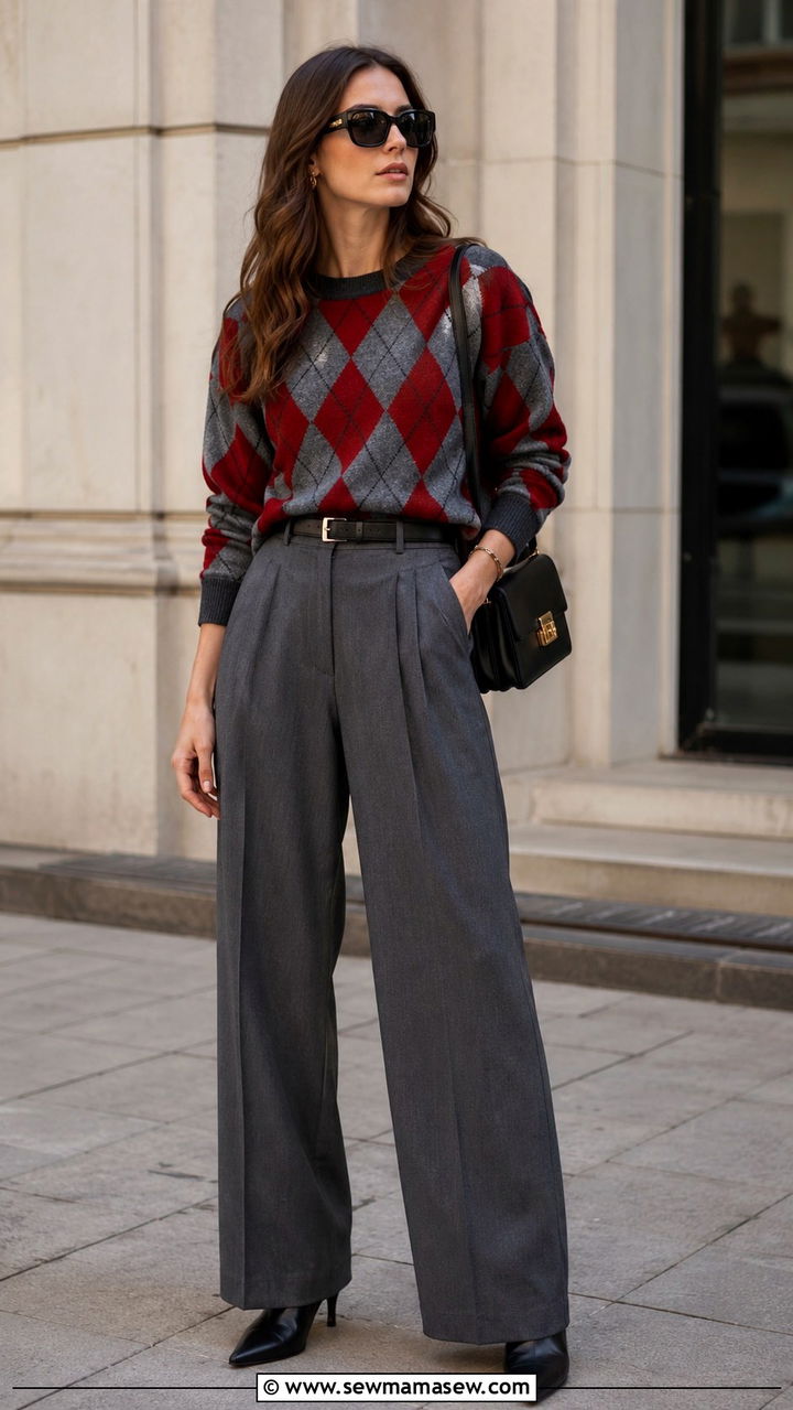 Red and Grey Argyle Sweater with Grey Pleated Trousers - 25 Old money outfit ideas with argyle sweater