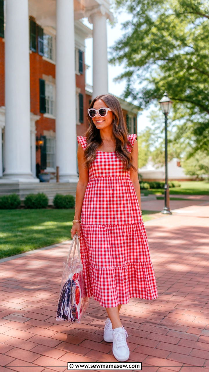 Red and White Gingham Dress with White Sneakers and a Clear Tote - 20 Gameday outfit ideas Ole Miss