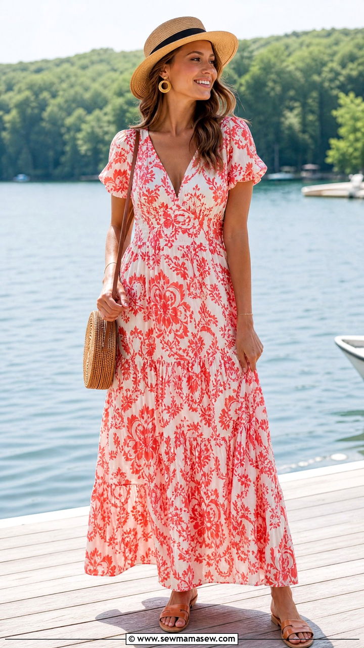 Red and White Maxi Dress Lake Outfit - 30 Summer lake outfits