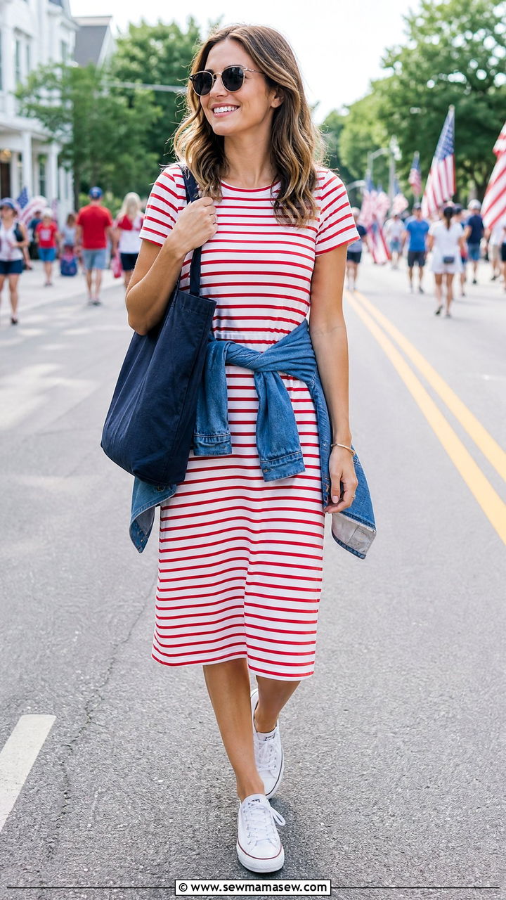 Red and White Striped Midi Dress with White Canvas Sneakers - 35 Memorial Day weekend outfit ideas