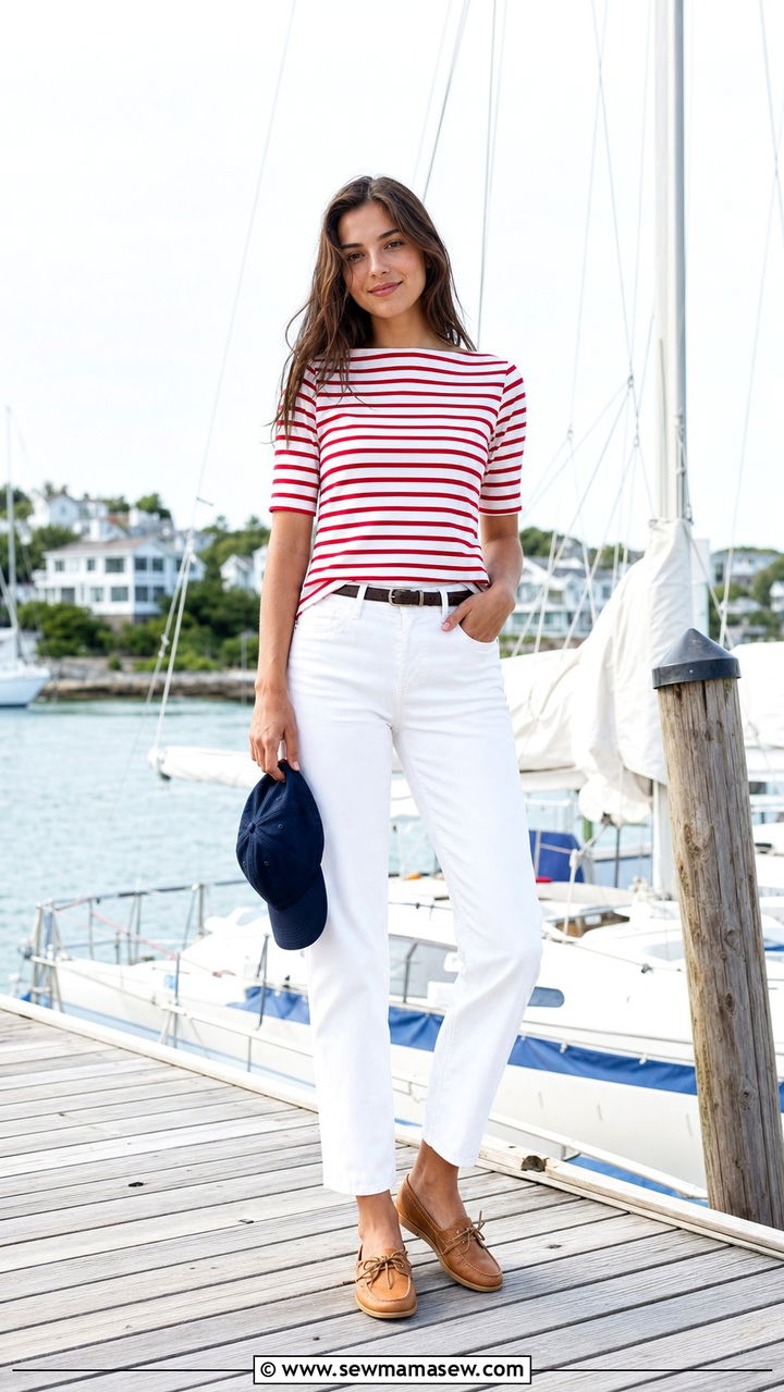 Red and White Striped Top With White Denim and Deck Shoes - 25 Sporty chic outfit ideas sailing