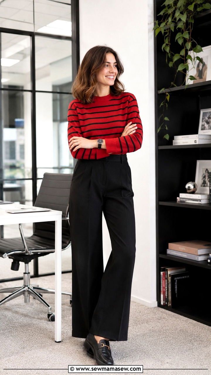 Red and black striped sweater with black trousers - 25 Red and black outfit ideas