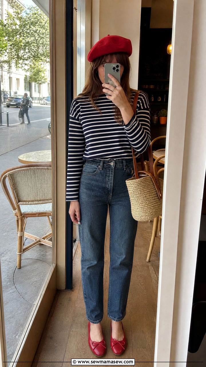 Red beret and striped Parisian top outfit - 25 French girl outfit ideas Emily in Paris style