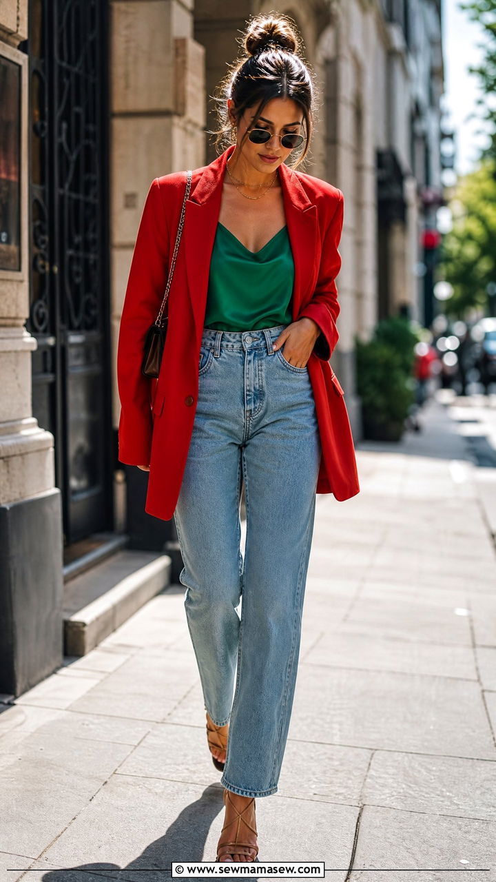 Red blazer and colorful top outfit - 25 French girl outfit ideas Emily in Paris style