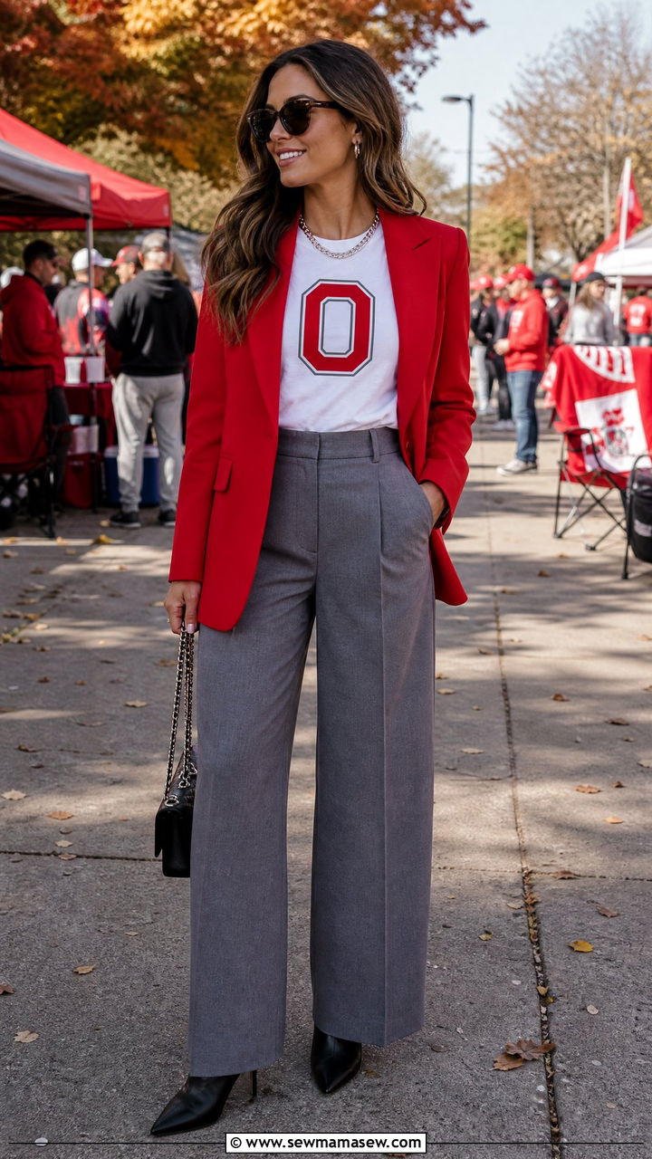 Red blazer and gray trousers gameday outfit - 20 Gameday outfit ideas Ohio State