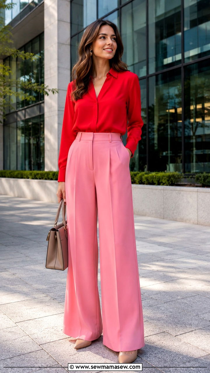 Red blouse and pink wide leg trousers - 25 Red and pink outfit ideas