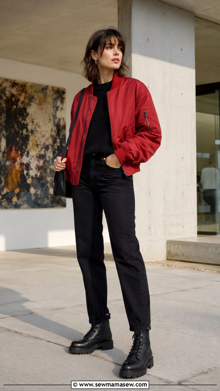 Red bomber jacket with black straight leg jeans - 30 Bomber jacket outfit ideas with jeans