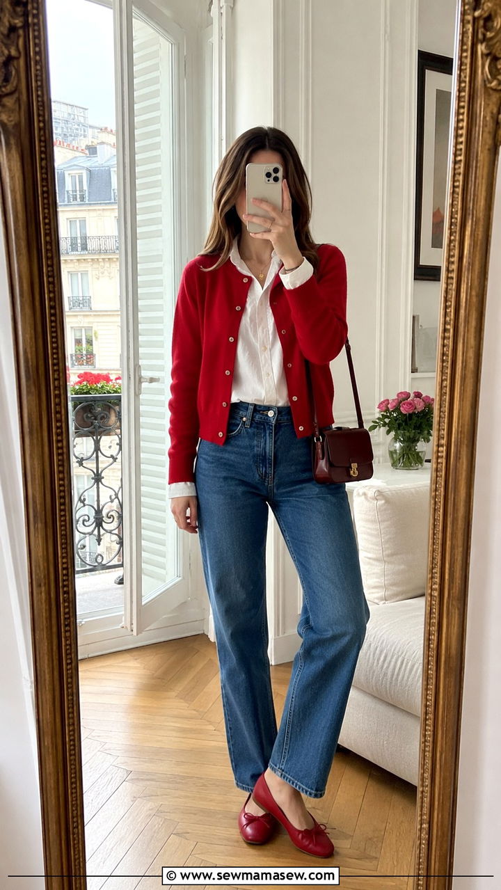 Red cardigan and jeans outfit - 30 Spring Parisian outfits 2026