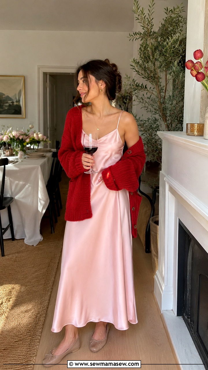 Red cardigan and pink slip dress - 25 Red and pink outfit ideas