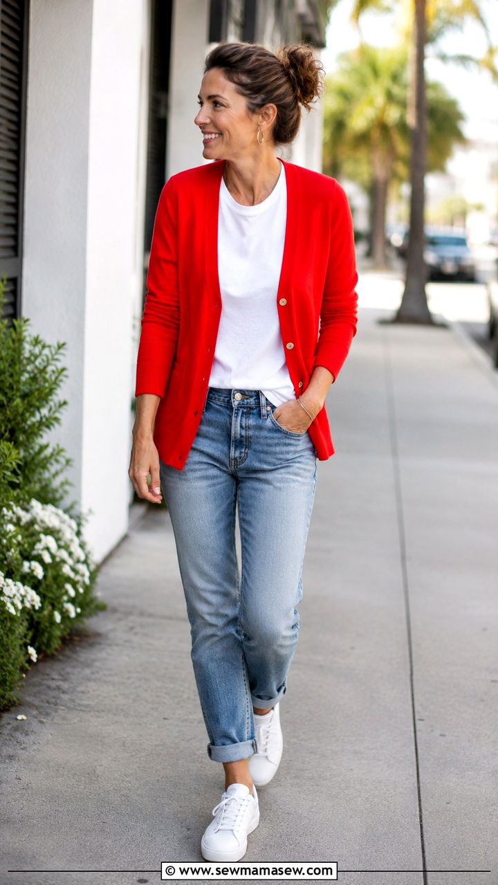 Red cardigan with white tee and cuffed jeans - 30 Spring outfits with cardigan