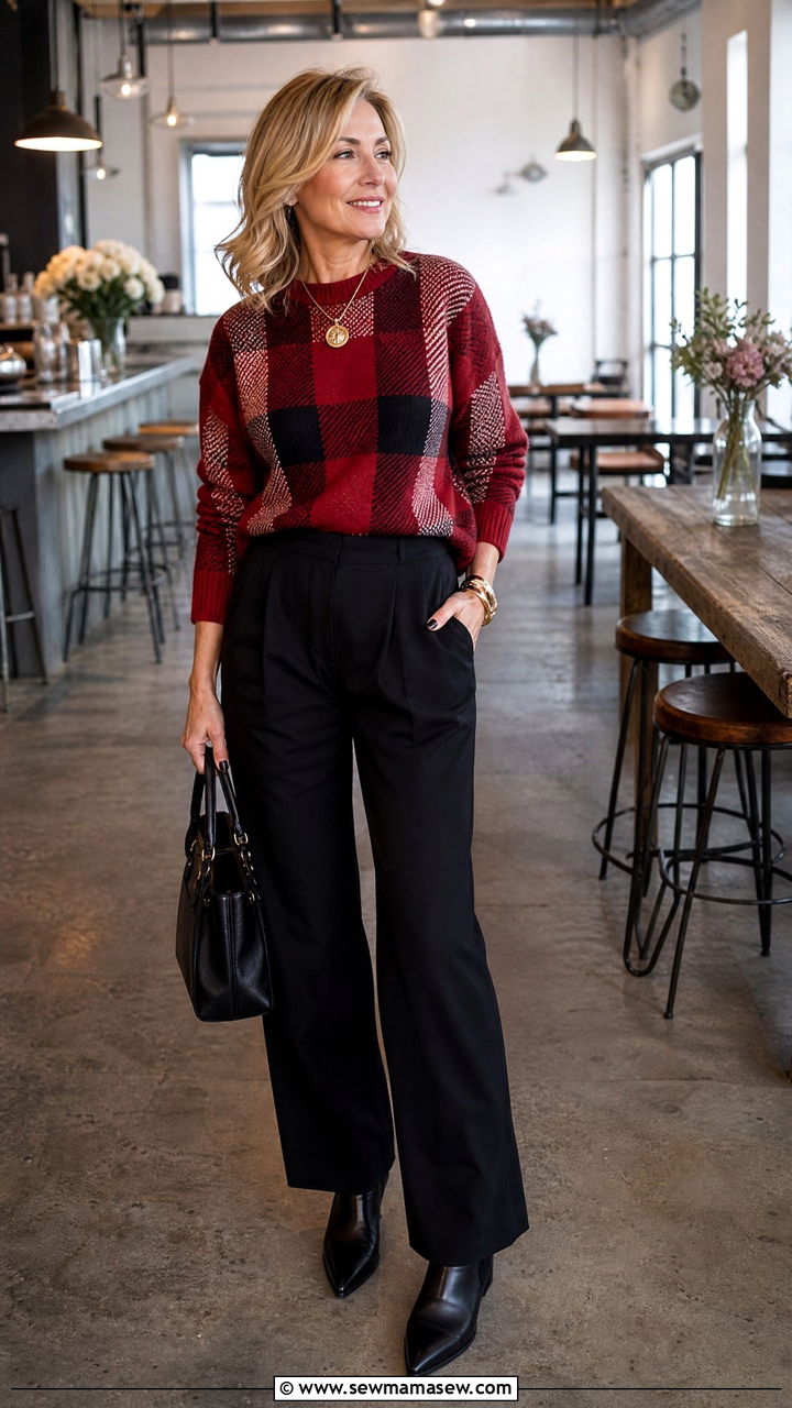 Red checked sweater and black wide leg trousers - 35 Mature woman outfit ideas
