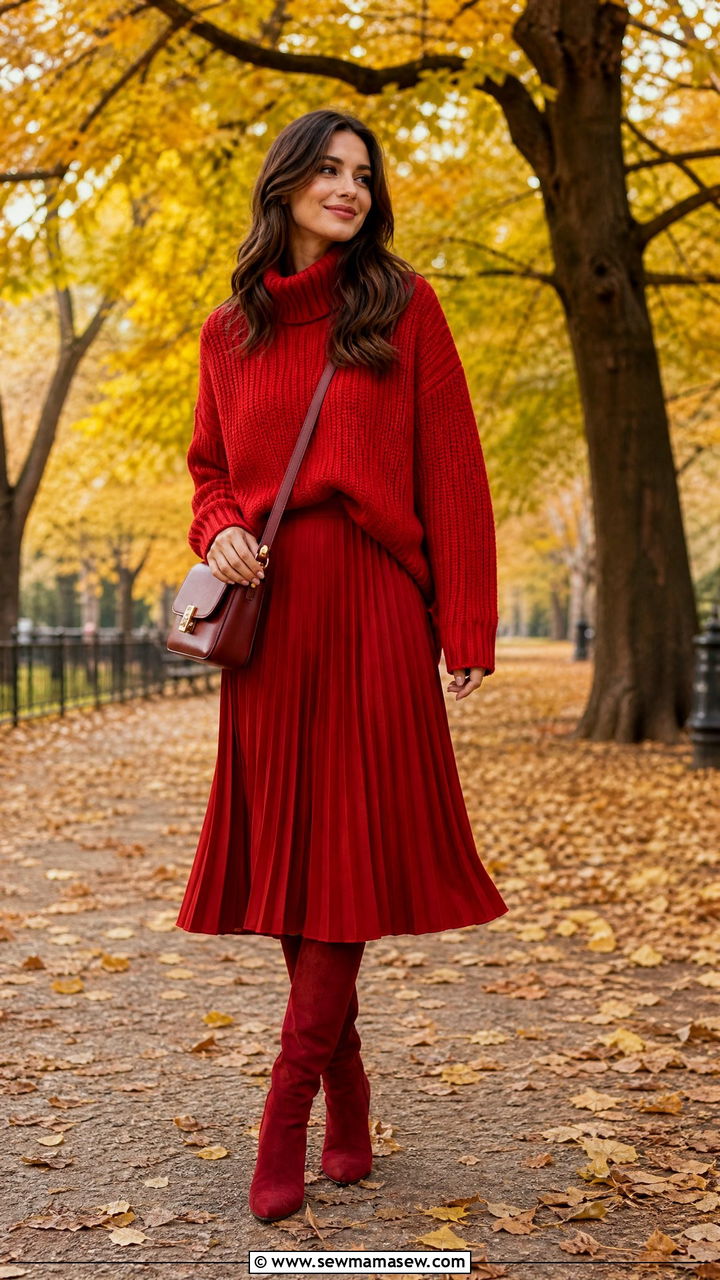 Red chunky sweater and red pleated midi skirt outfit - 40 Monochromatic outfit ideas