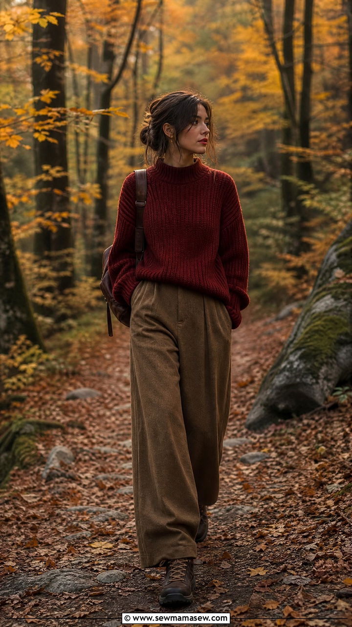 Red chunky sweater and wide leg trousers outfit - 30 dark academia outfits ideas