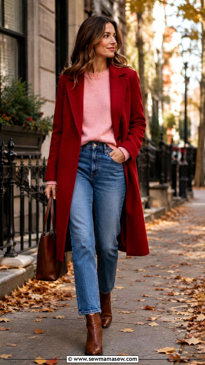 Red coat and pink sweater with jeans - 25 Red and pink outfit ideas