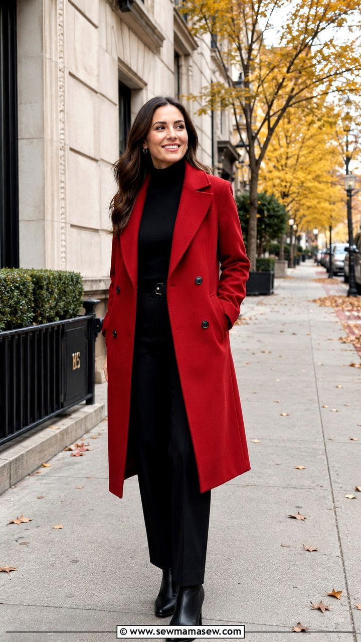 Red coat over all black outfit - 25 Red and black outfit ideas