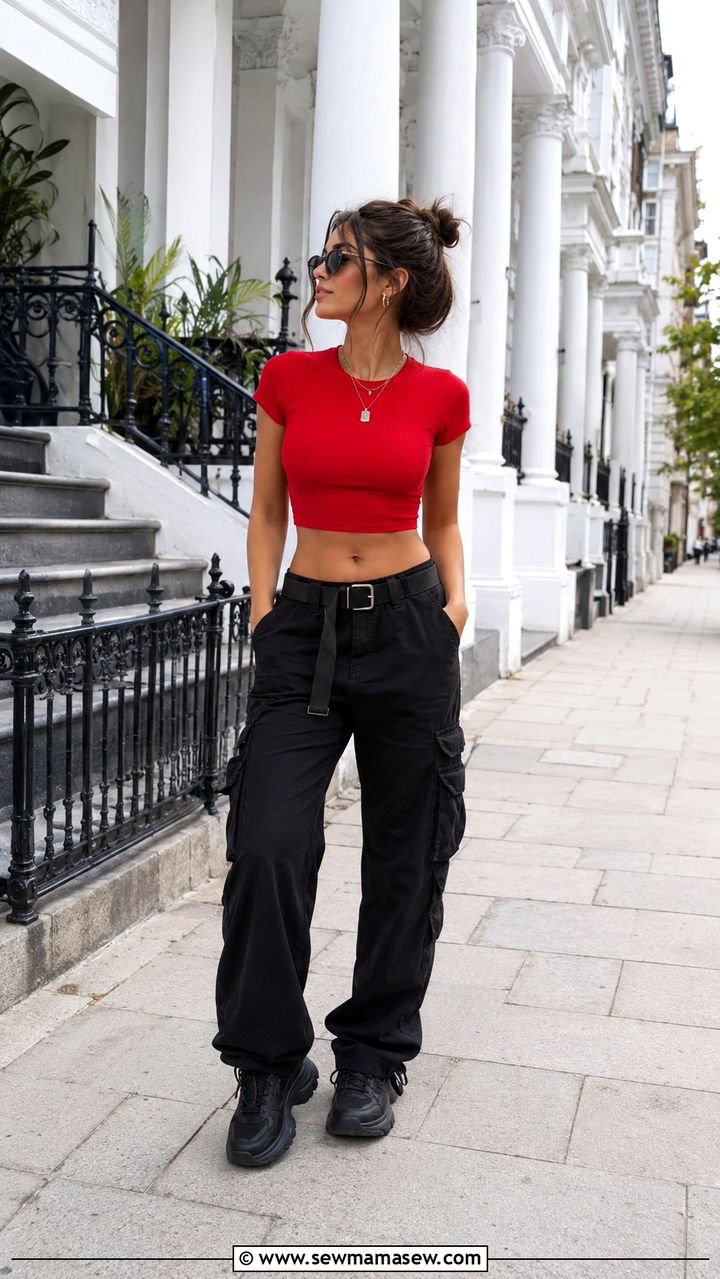 Red crop top and black cargo pants - 25 Red and black outfit ideas