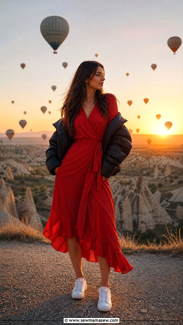 Red dress with sneakers for Cappadocia balloon ride - 25 Cappadocia outfit ideas