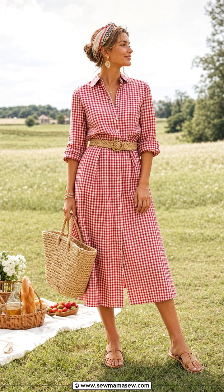 Red gingham dress with straw accessories outfit - 25 spring outfits 2026 women Pinterest