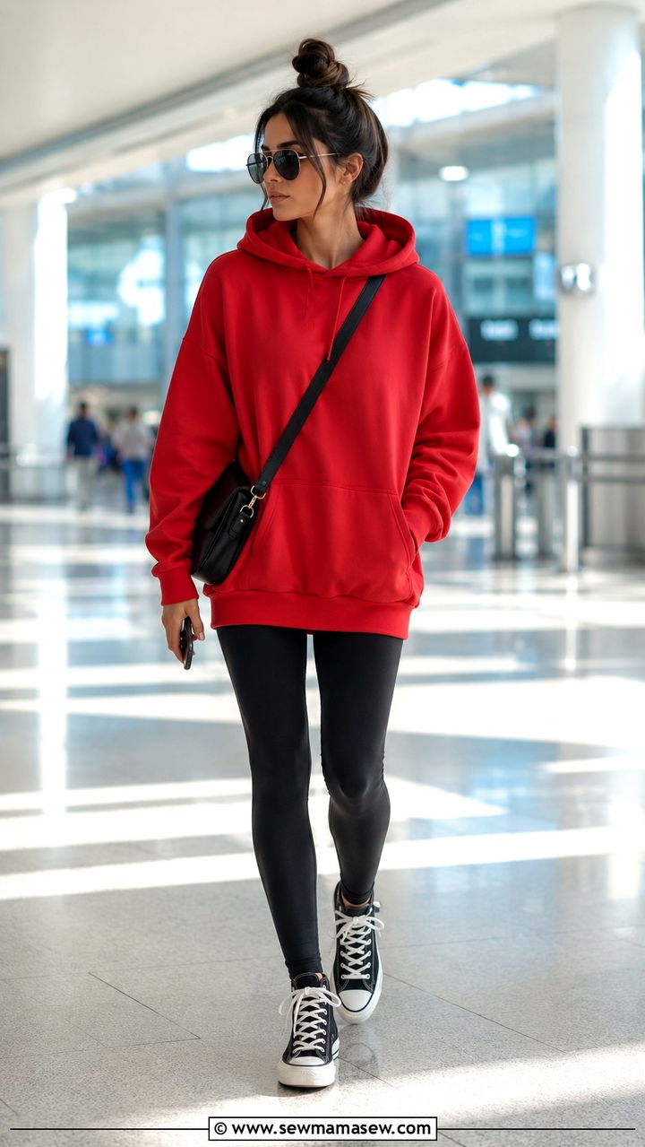 Red hoodie and black leggings - 25 Red and black outfit ideas