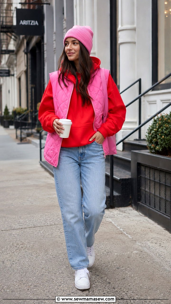 Red hoodie and pink vest streetwear outfit - 25 Pink and red outfit ideas