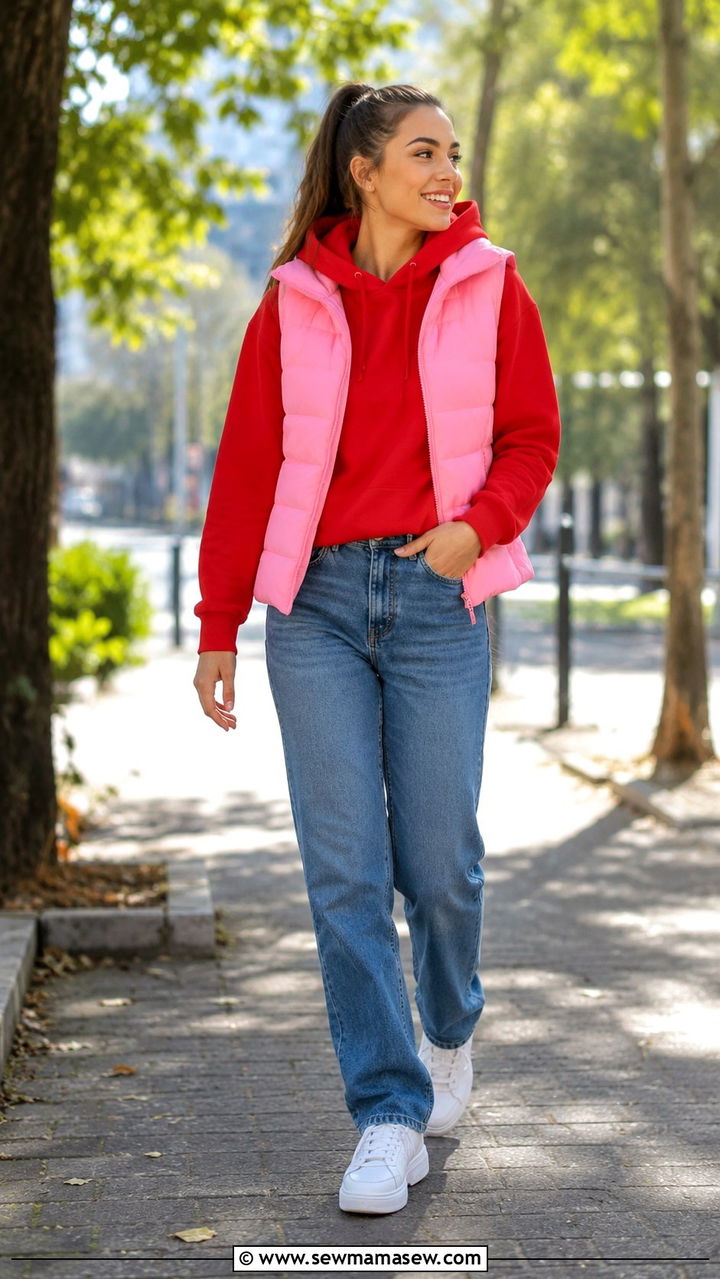 Red hoodie and pink vest - 25 Red and pink outfit ideas