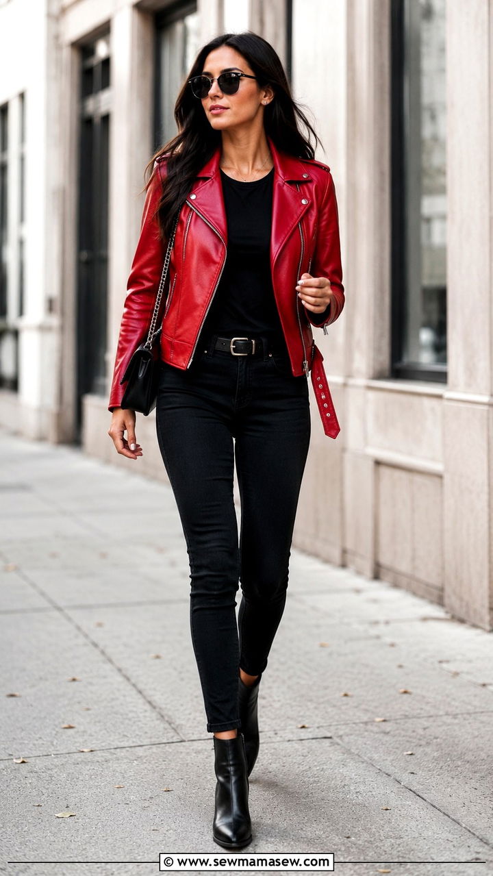 Red leather jacket with black jeans - 25 Red and black outfit ideas