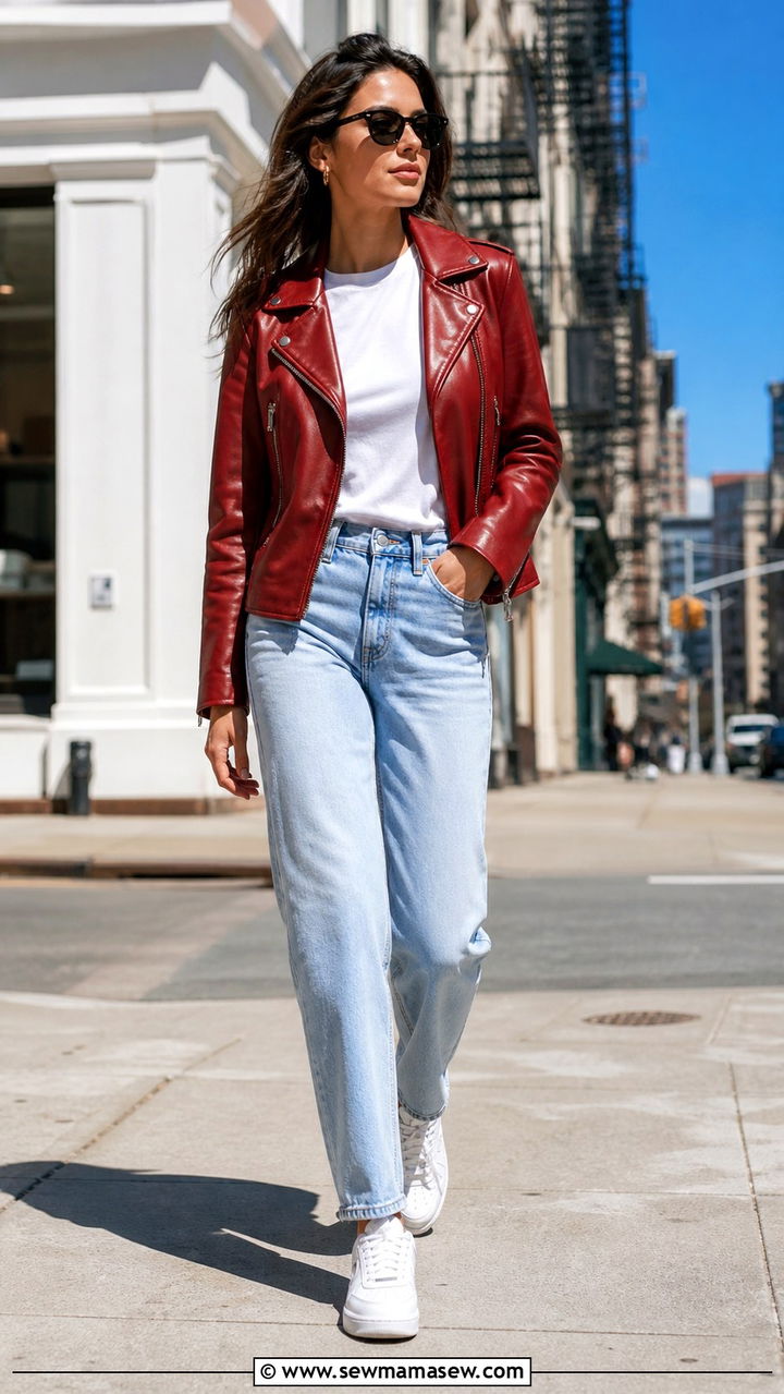 Red leather jacket with neutral basics - 40 leather jacket outfit ideas