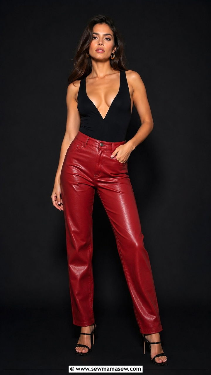 Red leather pants and black top with strappy heels - 30 Leather pants outfit ideas with heels