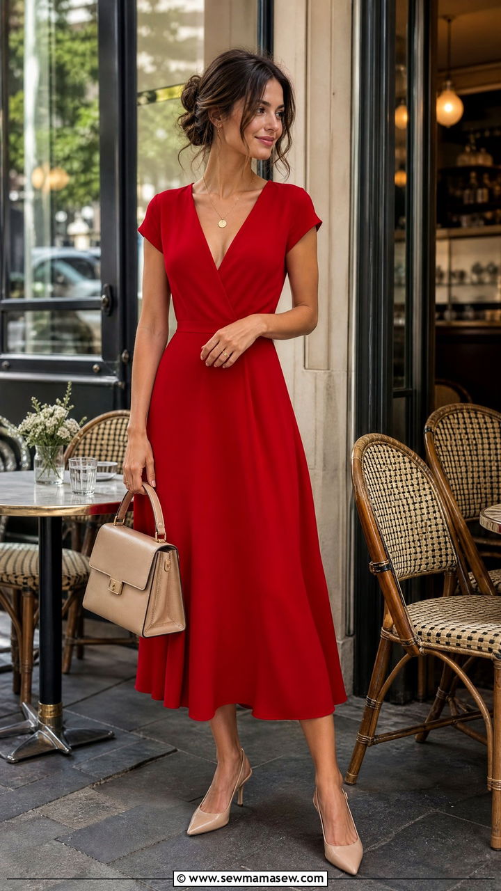 Red midi dress slingbacks brunch - 30 French girl outfit ideas for brunch