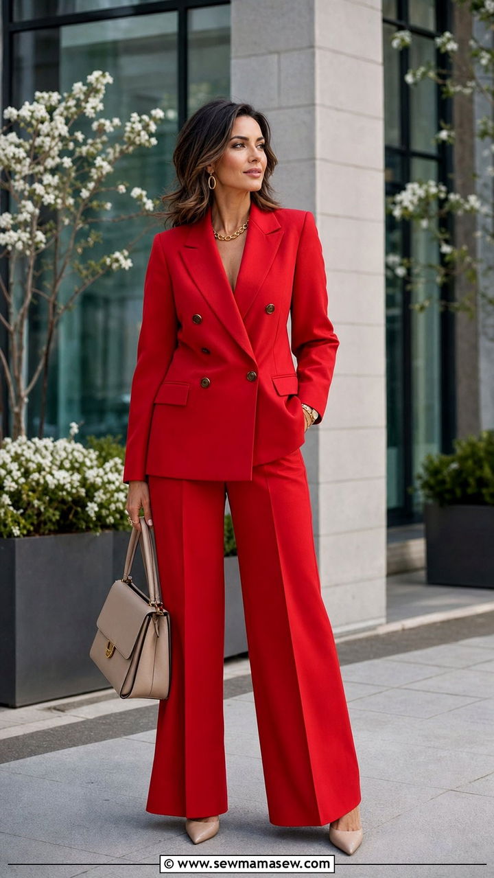 Red pantsuit with a boxy double breasted blazer - 25 Sofia Richie spring outfit ideas