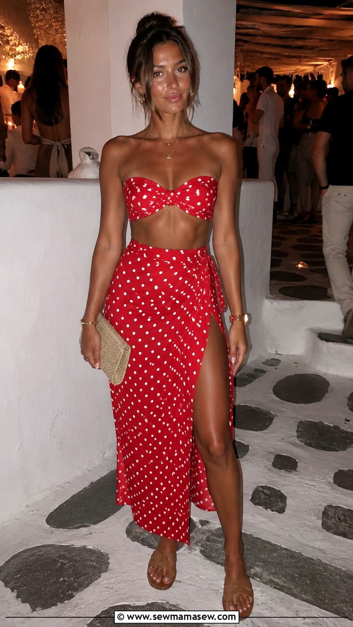 Red polka dot two piece crop top and slit skirt - 25 Mykonos outfit ideas