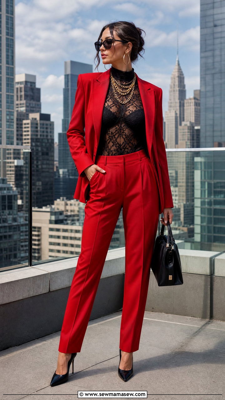 Red power suit with black lace bodysuit - 35 Mob wife outfit ideas