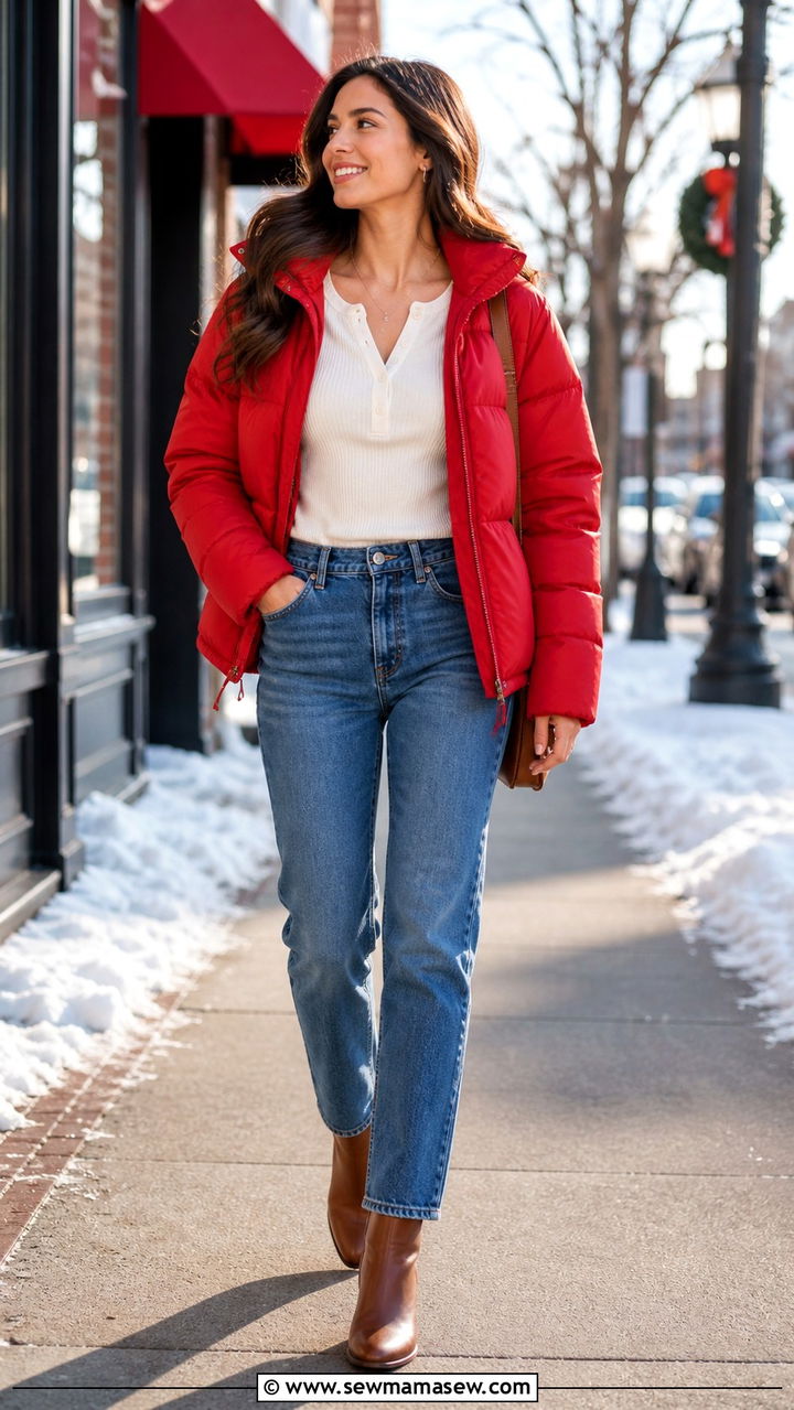Red puffer jacket with blue jeans and ankle boots - 40 Puffer jacket outfit ideas