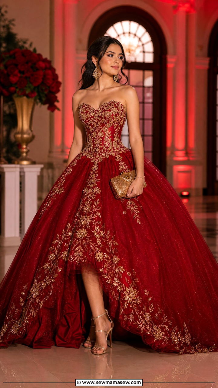 Red quinceanera ball gown with gold heels - 25 Quinceanera outfit ideas