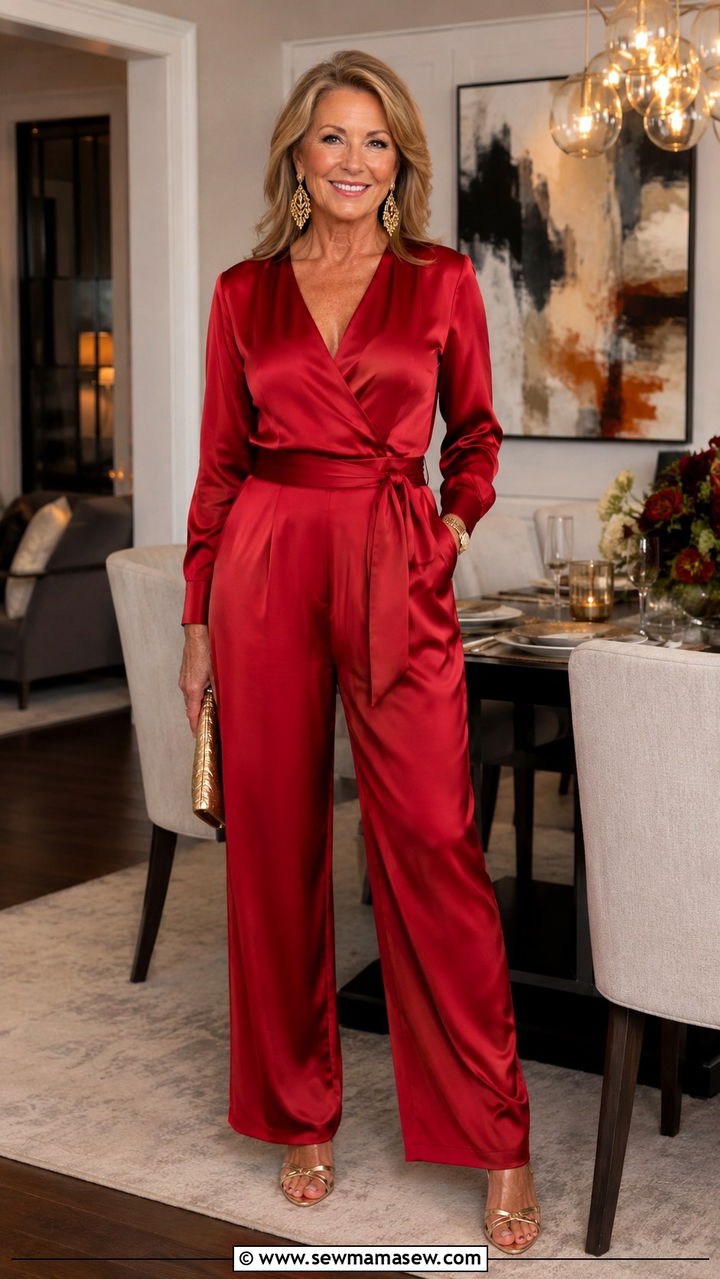 Red satin jumpsuit with statement earrings - 30 Jumpsuit outfit ideas for women over 50