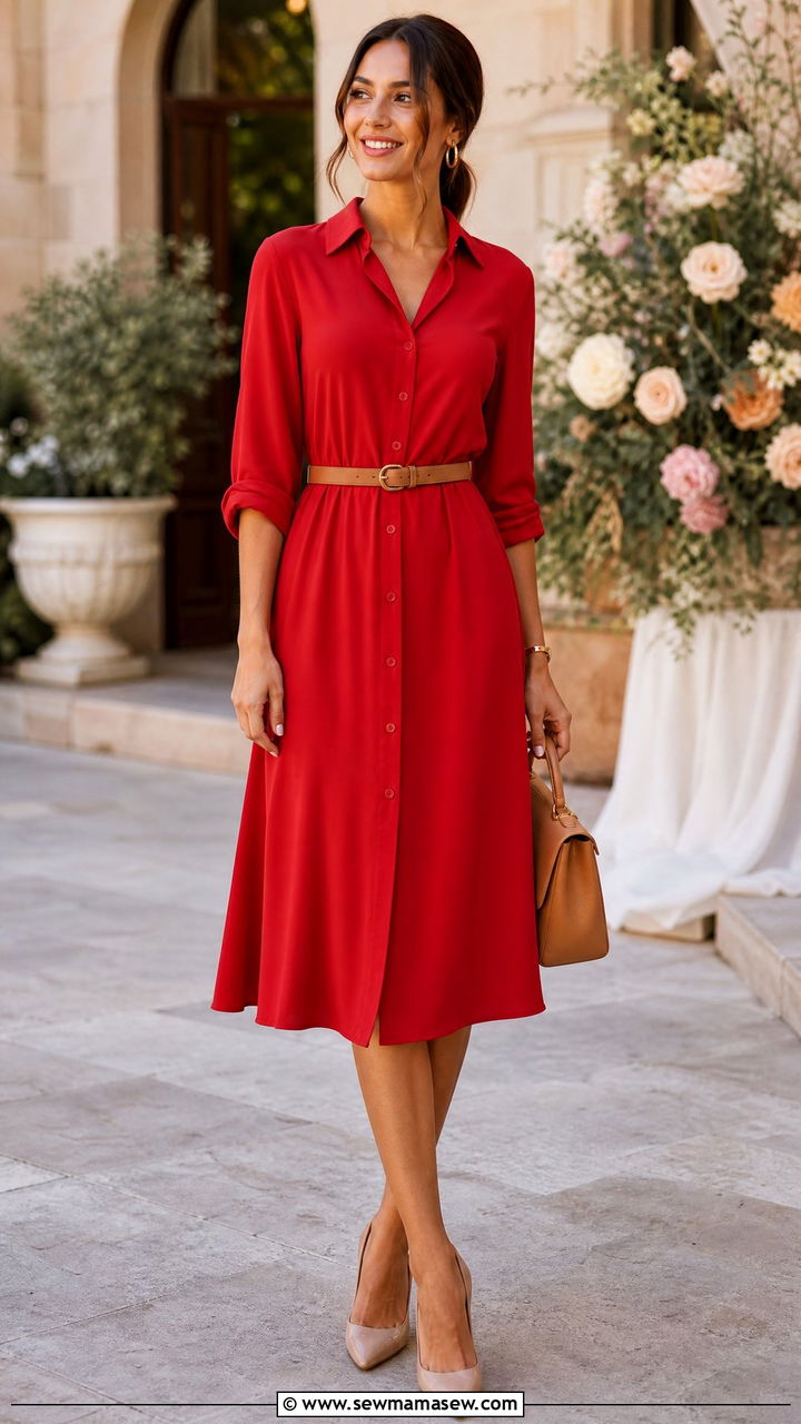Red shirt dress with belt and neutral accessories - 25 Shirt dress outfit ideas with a belt