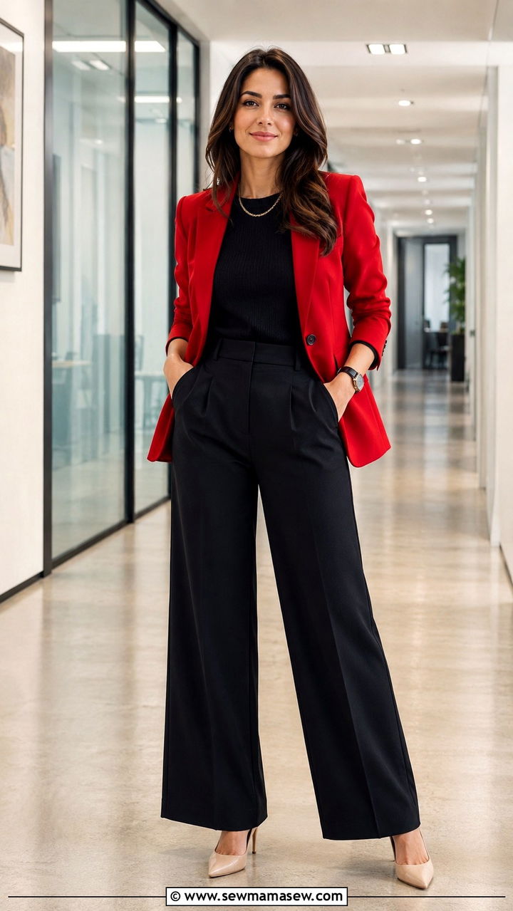 Red single breasted blazer with a black crewneck and nude pumps - 25 Wide leg black pants outfit ideas with a blazer