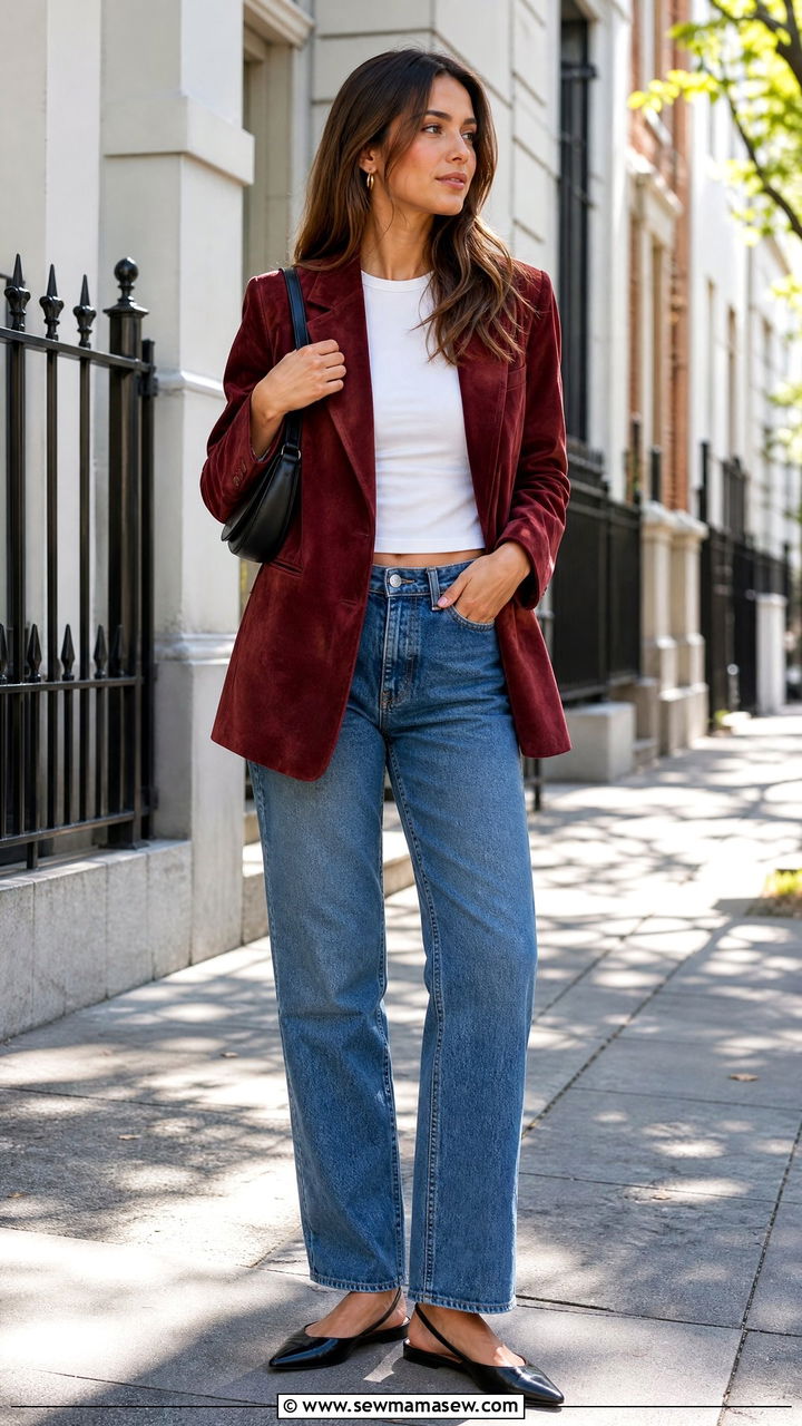 Red suede blazer with white baby tee and jeans - 35 Kendall Jenner spring outfit ideas