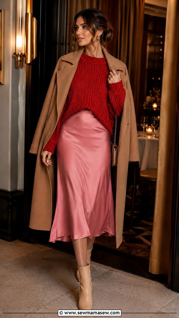 Red sweater and pink midi skirt outfit - 25 Pink and red outfit ideas