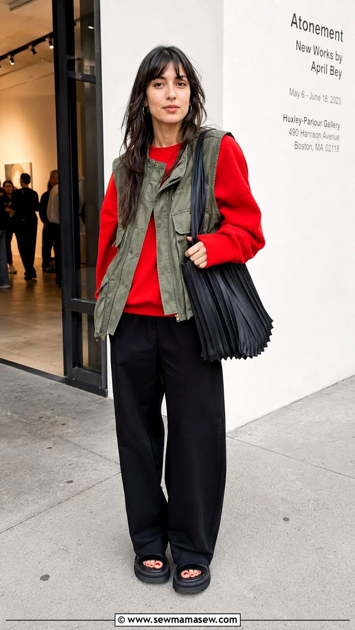 Red sweatshirt with utility vest and wide leg trousers - 30 Spring outfits with sweatshirt