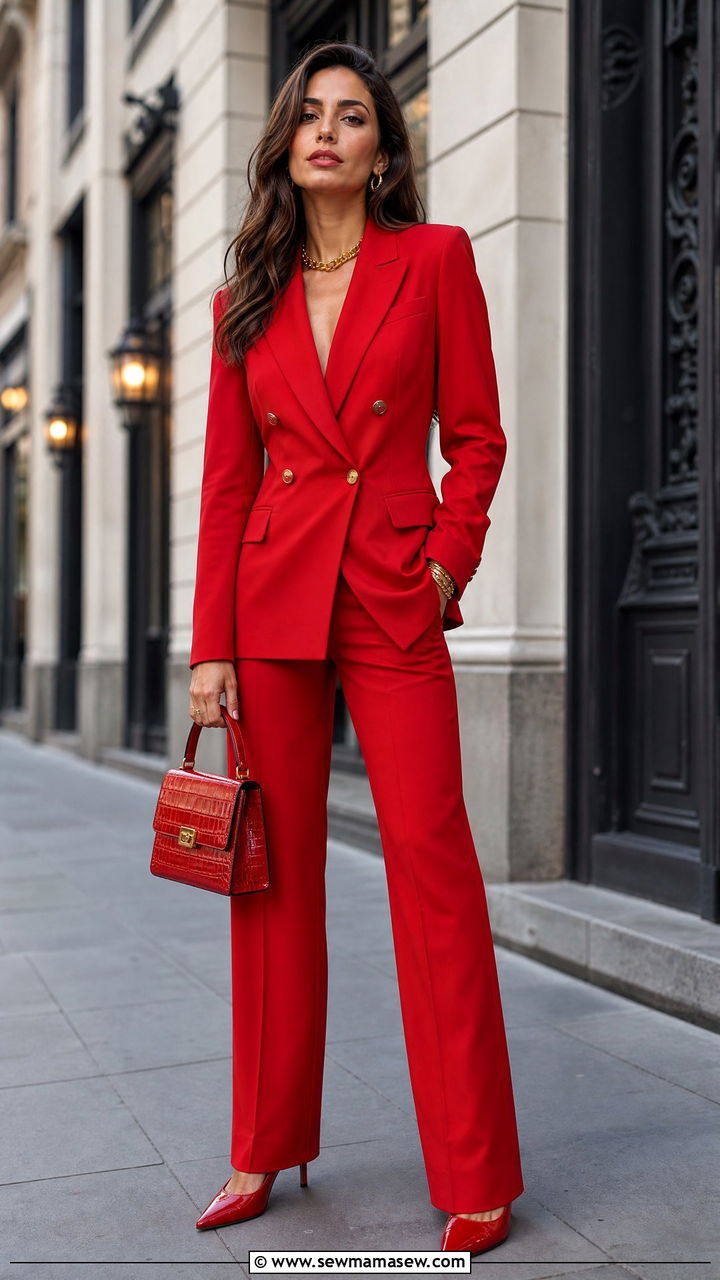 Red tailored suit and red pointed toe pumps outfit - 40 Monochromatic outfit ideas