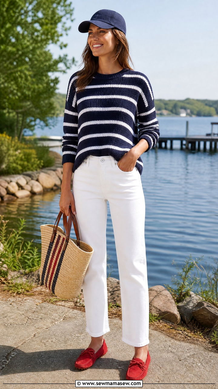 Red white and blue striped sweater with white jeans - 35 Labor Day weekend outfit ideas