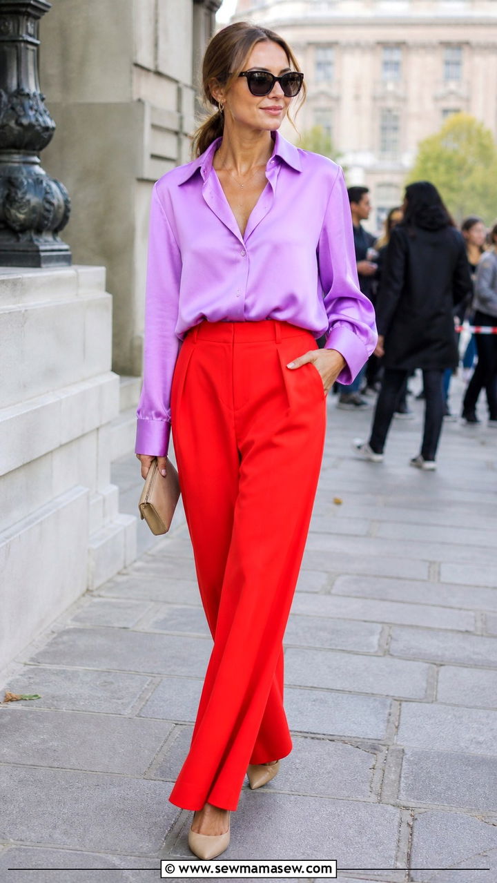 Red wide leg trousers with lilac silk blouse outfit - 40 Paris outfits