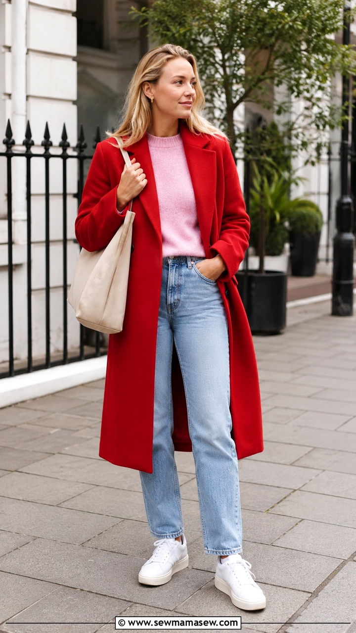 Red wool coat and pink sweater with jeans outfit - 25 Pink and red outfit ideas
