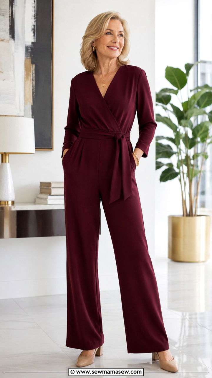 Red wrap top with white wide leg trousers - 20 Work outfit ideas for women over 50 2026