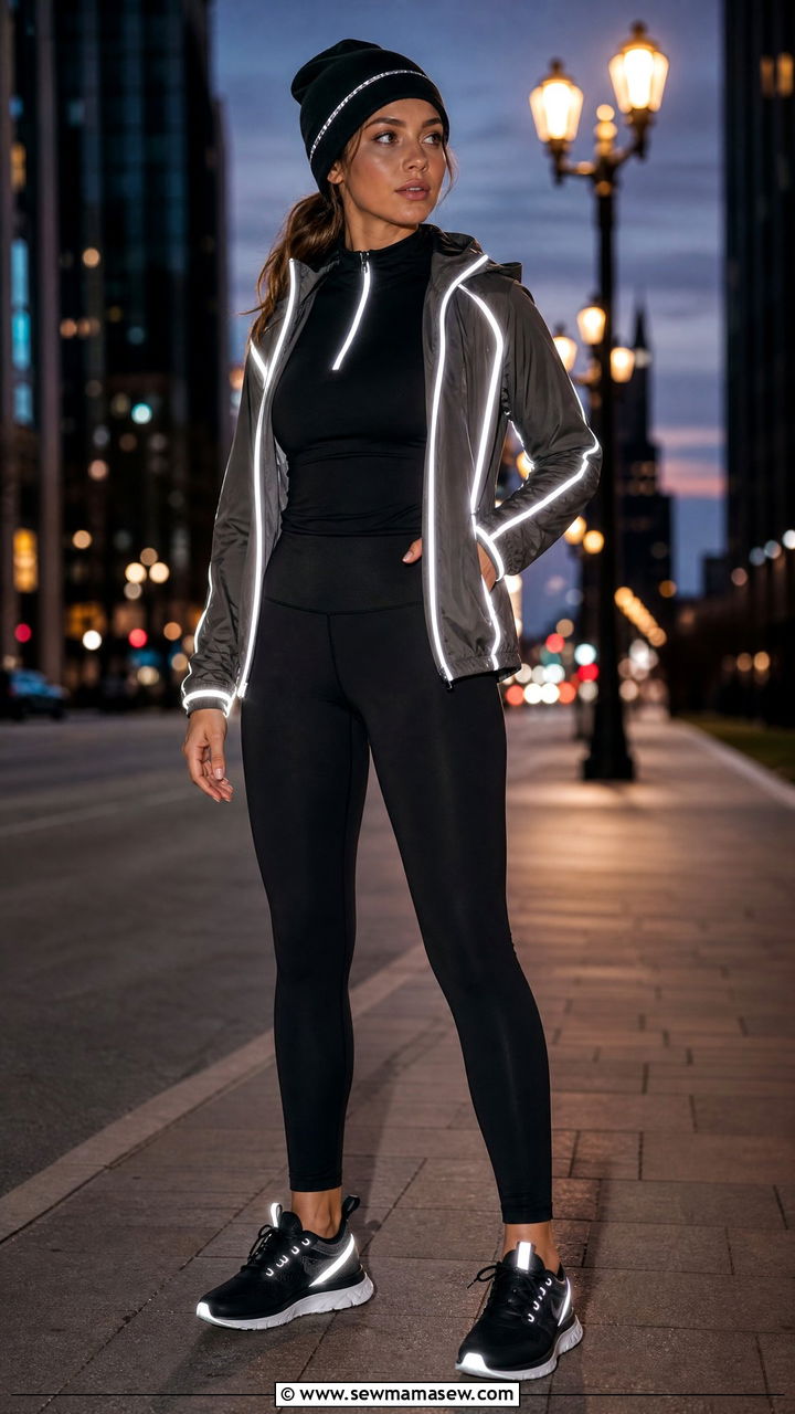 Reflective Jacket and Black Leggings Night Walking Outfit - 25 Power walking outfit ideas