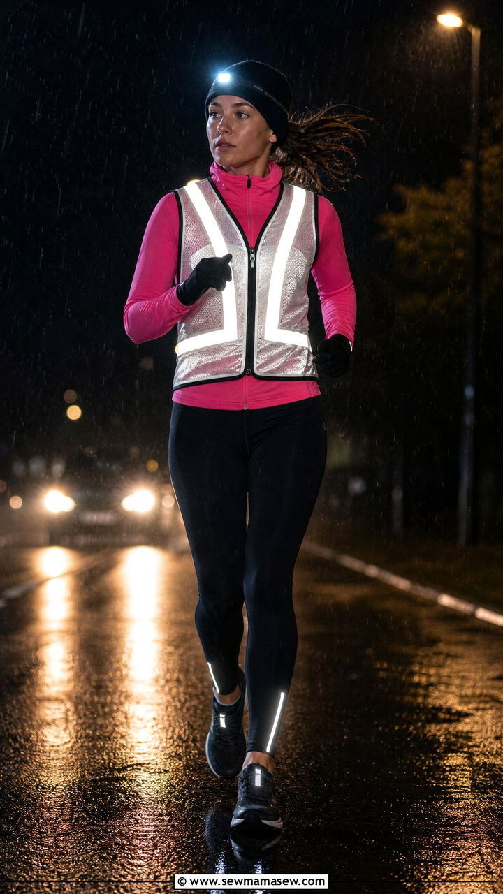 Reflective Vest Over a LongSleeve Top and Leggings for Night Rain - 25 Running outfit ideas rainy weather